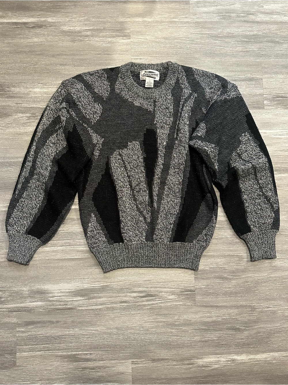 Vintage Expressions Sweater Large Gray Abstract Print Crew Neck Geometric